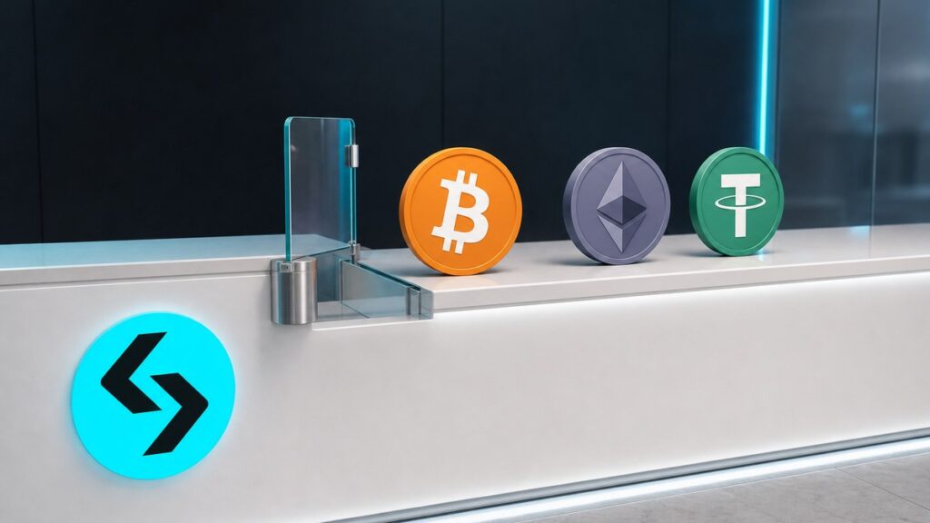 Heller Serviceschalter mit leuchtendem Bitget-Zeichen an der Front, auf dem Tresen stehen eine Bitcoin-, eine Ether- und eine Tether-Münze hintereinander vor einer geöffneten Glasschranke.