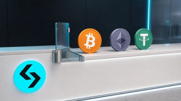 Heller Serviceschalter mit leuchtendem Bitget-Zeichen an der Front, auf dem Tresen stehen eine Bitcoin-, eine Ether- und eine Tether-Münze hintereinander vor einer geöffneten Glasschranke.