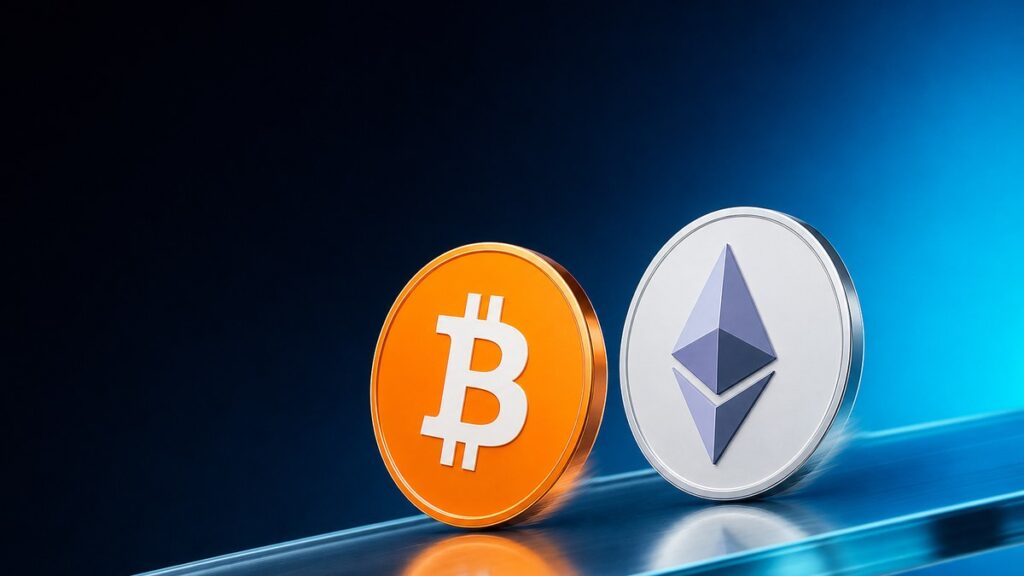 Eine orangefarbene Bitcoin-Münze und eine silberne Ethereum-Münze stehen gleich groß nebeneinander auf einer leicht abfallenden Glasfläche vor dunkelblauem Hintergrund.
