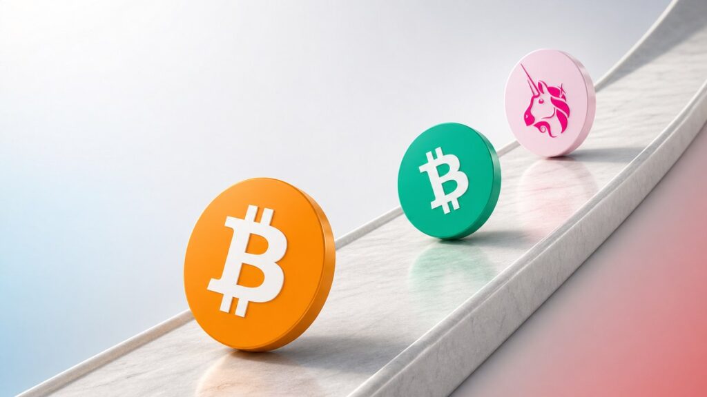 Eine orangefarbene Bitcoin-Münze, eine grüne Bitcoin-Cash-Münze und eine rosafarbene Uniswap-Münze rollen hintereinander eine helle Steinrampe hinab.