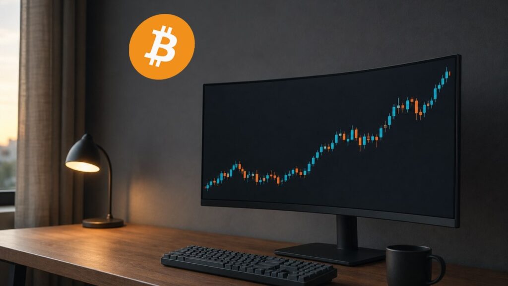 Einzelner gebogener Monitor auf einem Holzschreibtisch zeigt einen steigenden Kerzenchart in Blau und Orange, daneben eine Schreibtischlampe, darüber das Bitcoin-Logo an der dunklen Wand.