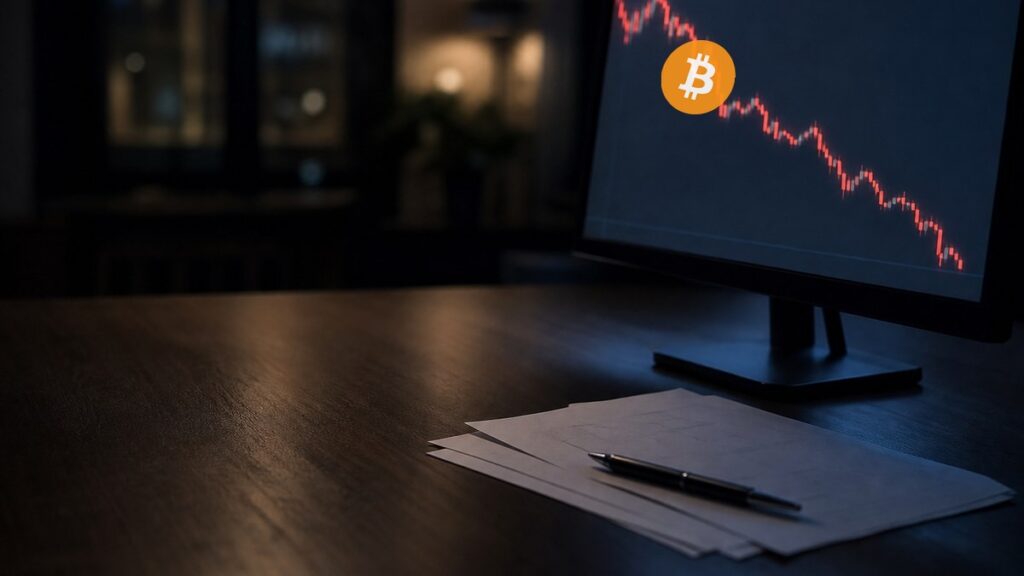 Dunkler Schreibtisch mit Monitor, auf dem eine fallende rote Kurslinie und das Bitcoin-Logo zu sehen sind