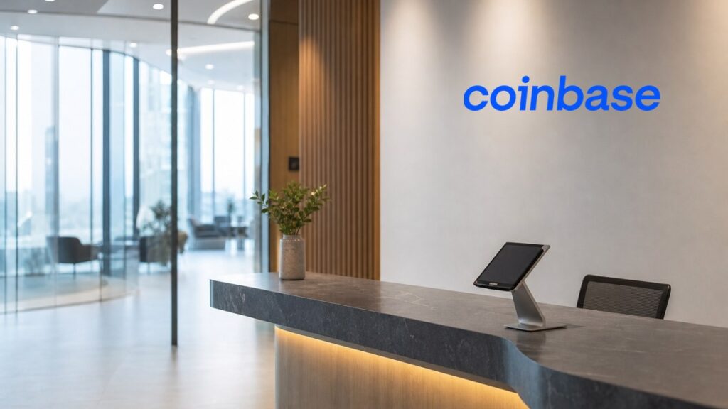 Heller Empfangstresen eines modernen Finanzbüros mit einem Tablet auf einem Ständer, dahinter das Coinbase-Logo an der Wand.