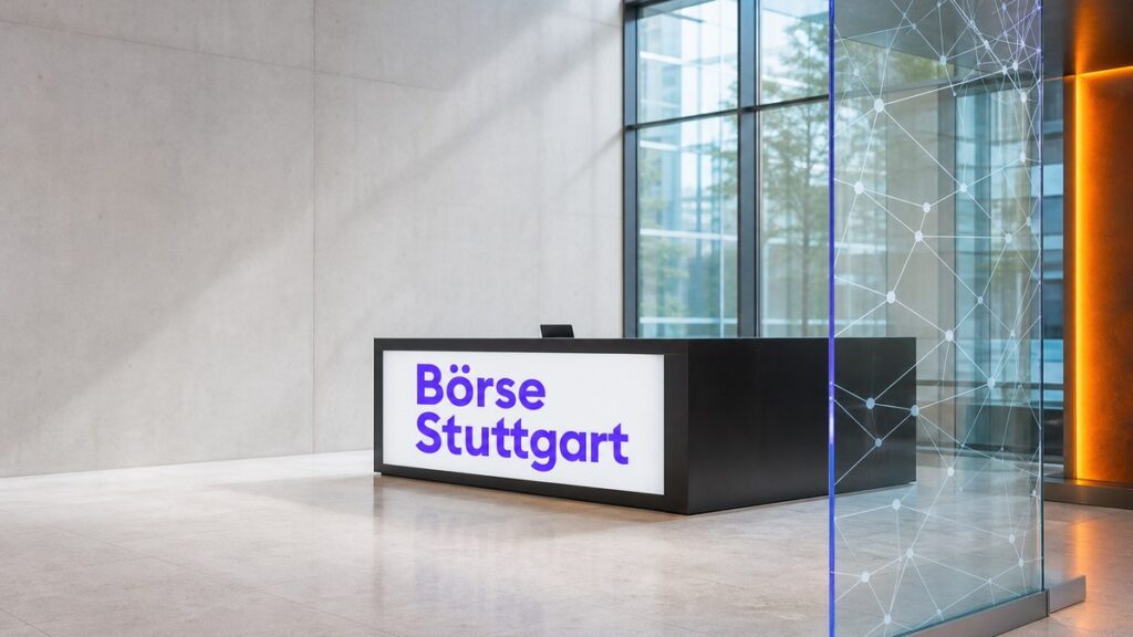 Helle Börsenlobby mit Glasfront, im Hintergrund ein Empfangstresen mit dem violetten Schriftzug Börse Stuttgart, davor eine Glasscheibe mit Netzmuster.