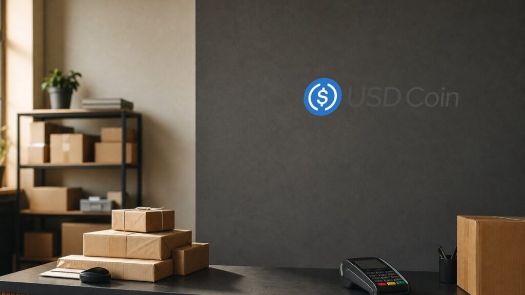 Versandtresen mit Paketen und Kartenlesegerät, an der dunklen Wand dahinter das Logo von USD Coin