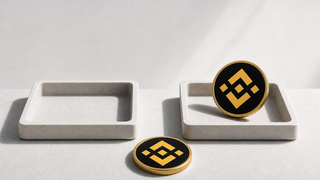 Zwei flache Steinschalen nebeneinander, die linke leer, in der rechten steht eine goldene Münze mit dem gelben Binance-Zeichen, eine zweite gleiche Münze liegt davor auf der Fläche.