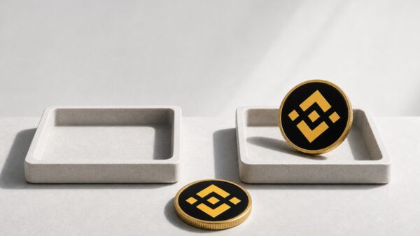 Zwei flache Steinschalen nebeneinander, die linke leer, in der rechten steht eine goldene Münze mit dem gelben Binance-Zeichen, eine zweite gleiche Münze liegt davor auf der Fläche.