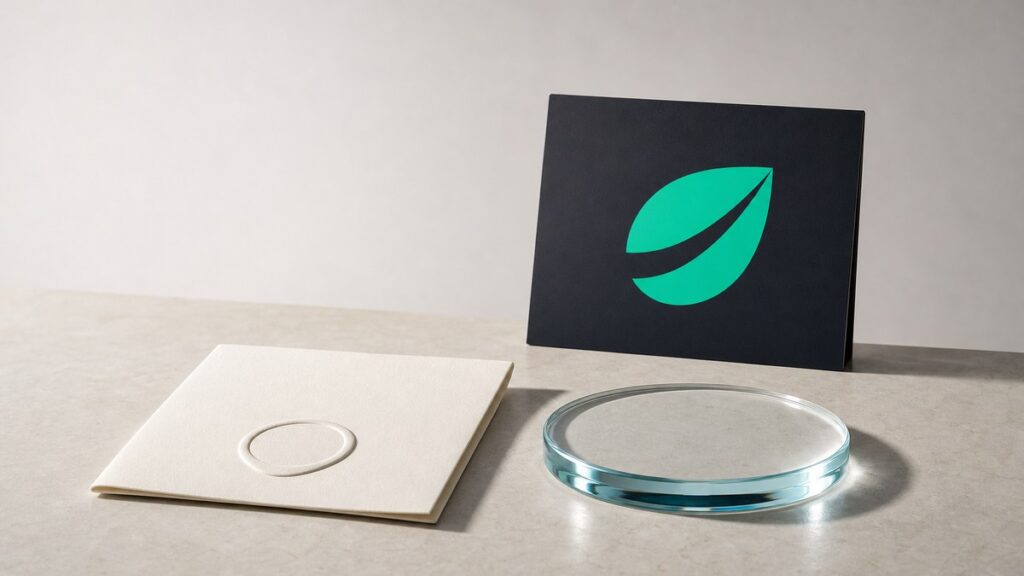 Auf heller Steinfläche liegen nebeneinander ein gefaltetes cremefarbenes Papier mit leerem Prägesiegel und eine dicke Glasscheibe; dahinter steht ein dunkles Schild mit dem grünen Bitfinex-Blatt.