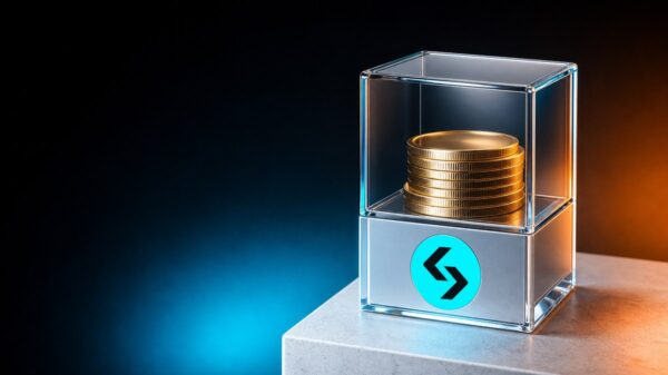 Ein Glaswürfel auf hellem Sockel mit dem Bitget-Zeichen an der Vorderseite, darin ein kleiner Stapel goldener Münzen.