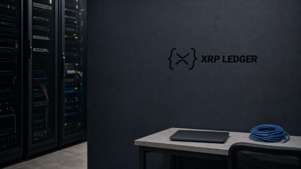 Serverraum mit offenen Racks, an der dunklen Wand daneben das Logo des XRP Ledger