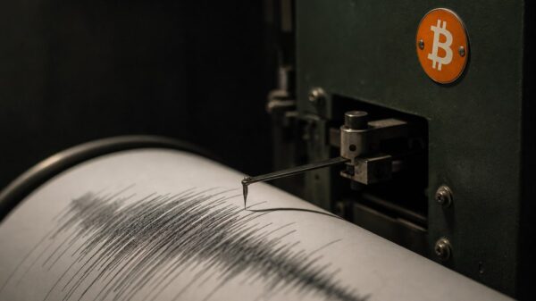 Nahaufnahme einer Seismographentrommel: Eine Stahlnadel zeichnet dichte, hohe Ausschläge auf einen Papierstreifen, am dunkelgrünen Gehäuse sitzt eine emaillierte Plakette mit dem Bitcoin-Zeichen.