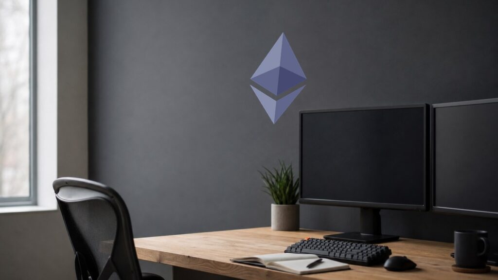 Entwicklerarbeitsplatz mit zwei ausgeschalteten Monitoren und Tastatur, an der dunklen Wand dahinter das Ethereum-Logo