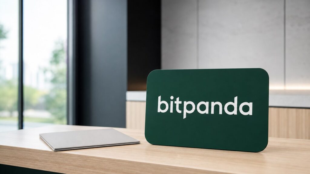 Heller Bankschalter aus hellem Holz, darauf ein aufrecht stehendes dunkelgrünes Schild mit dem weißen Bitpanda-Schriftzug, daneben eine geschlossene graue Mappe.