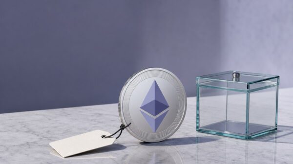 Eine silberne Ethereum-Münze steht auf einer hellen Steinplatte, an ihr hängt an einer dunklen Schnur eine unbedruckte Garderobenmarke, daneben steht eine leere Glasbox.