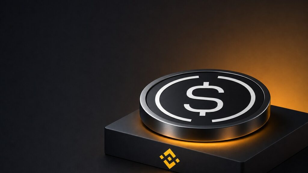 Eine große dunkle Münze mit dem USDe-Zeichen liegt flach auf einem dunklen Sockel, dessen Vorderseite die gelbe Binance-Raute trägt; vom Sockel geht ein warmes Leuchten aus.