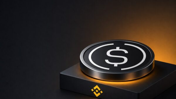 Eine große dunkle Münze mit dem USDe-Zeichen liegt flach auf einem dunklen Sockel, dessen Vorderseite die gelbe Binance-Raute trägt; vom Sockel geht ein warmes Leuchten aus.