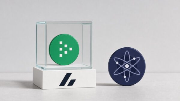 Zwei gleich große Münzen nebeneinander, links die grüne Livepeer-Münze in einem geschlossenen Glaswürfel auf einem weißen Sockel mit dem Bitvavo-Zeichen, rechts die dunkelblaue Cosmos-Münze frei daneben.