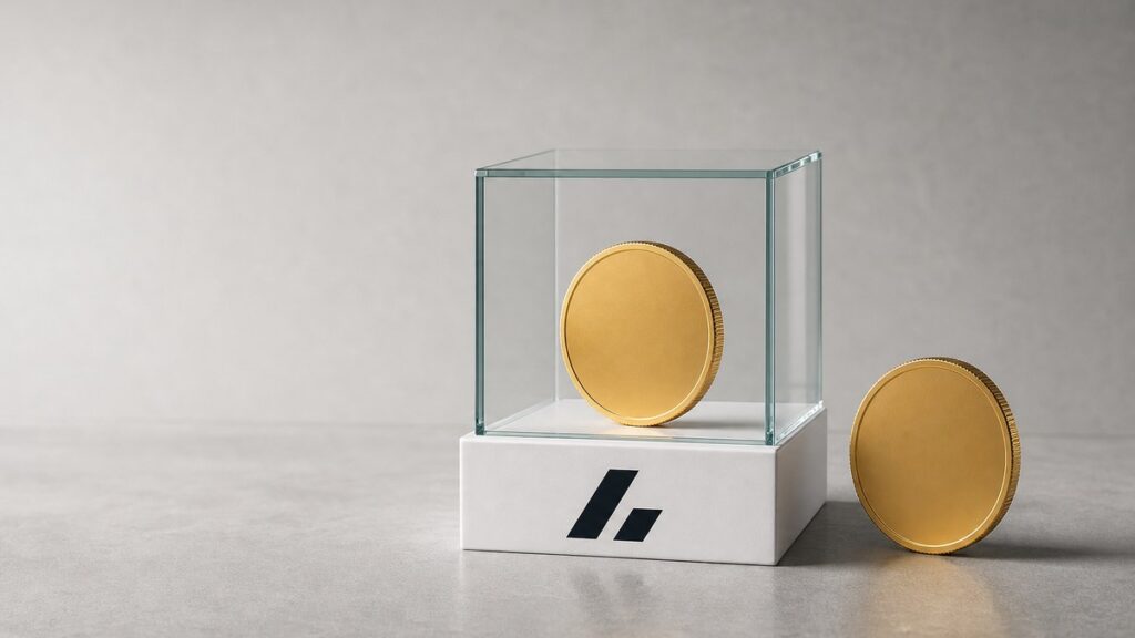 Zwei gleich große goldene Münzen ohne Prägung nebeneinander, die linke steht in einem geschlossenen Glaswürfel auf einem weißen Sockel mit dem Bitvavo-Zeichen, die rechte frei daneben.