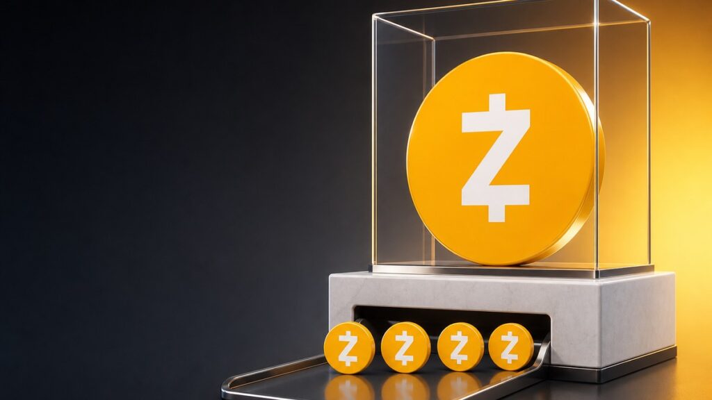 Eine große goldene Zcash-Münze steht in einer Glasvitrine auf einem weißen Steinsockel, aus einem Schlitz im Sockel rollen vier kleine Zcash-Münzen in gleichem Abstand auf ein Tablett.
