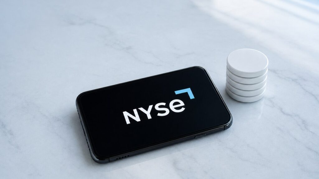 Ein schwarzes Smartphone mit der NYSE-Wortmarke auf dem Display liegt auf hellem Marmor, daneben ein kleiner Stapel weißer Token-Scheiben.