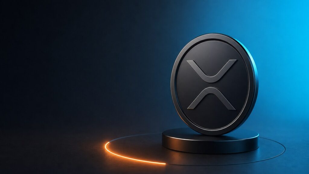 Eine große dunkle XRP-Münze steht auf einem runden Sockel, um den ein dünner Lichtring läuft, der nur auf einem kurzen Stück leuchtet.