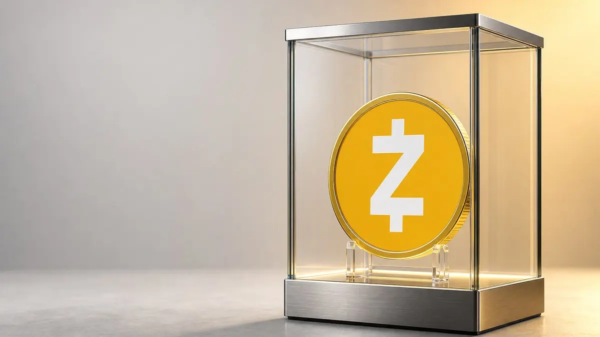 Eine goldene Zcash-Münze mit weißem Z-Zeichen steht aufrecht in einer gläsernen Vitrine mit Stahlrahmen vor hellem Hintergrund.