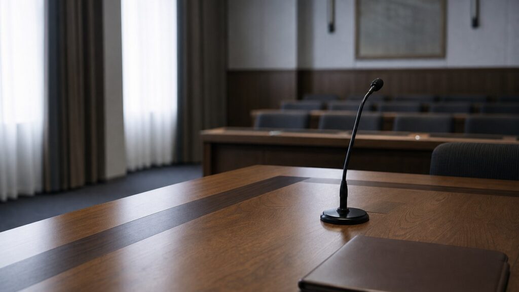 Leerer Sitzungssaal mit langem Holztisch, Mikrofon und geschlossener Mappe, im Hintergrund unscharf leere Stuhlreihen