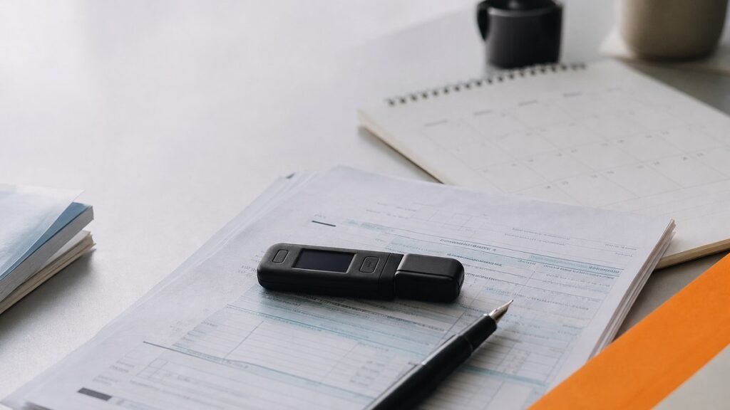 Schreibtisch mit ausgefüllten Steuerformularen, einem Füllfederhalter und einer schwarzen Hardware-Wallet, die auf den Papieren liegt.