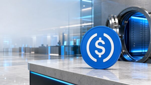 Eine große blaue USDC-Münze steht auf dem Steintresen einer modernen Bankhalle, dahinter eine offene runde Tresortür.