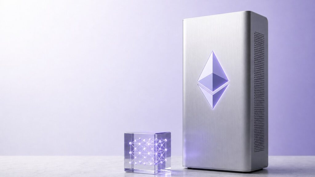 Ein schlankes Rechengehäuse aus gebürstetem Aluminium mit leuchtendem Ethereum-Zeichen steht neben einem kleinen Glaswürfel, in dem ein violettes Gitter leuchtet.