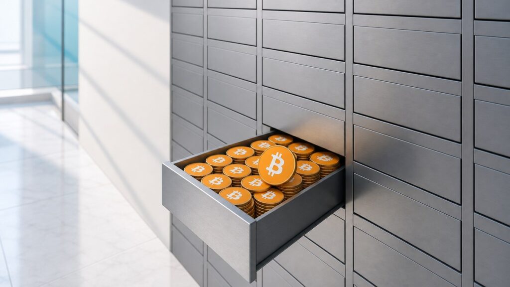 Eine Wand aus Schließfächern aus gebürstetem Stahl, aus der eine Schublade herausgezogen ist, gefüllt mit goldenen Münzen mit dem orangefarbenen Bitcoin-Zeichen.