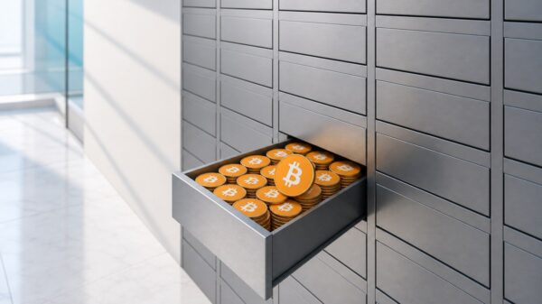 Eine Wand aus Schließfächern aus gebürstetem Stahl, aus der eine Schublade herausgezogen ist, gefüllt mit goldenen Münzen mit dem orangefarbenen Bitcoin-Zeichen.