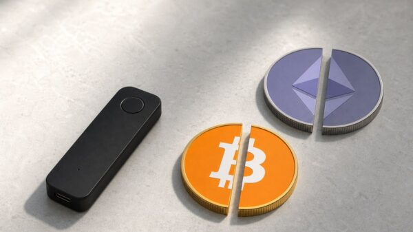 Eine schwarze Hardware-Wallet liegt auf hellem Stein neben einer Bitcoin- und einer Ether-Münze, die jeweils genau in zwei Hälften geteilt sind.