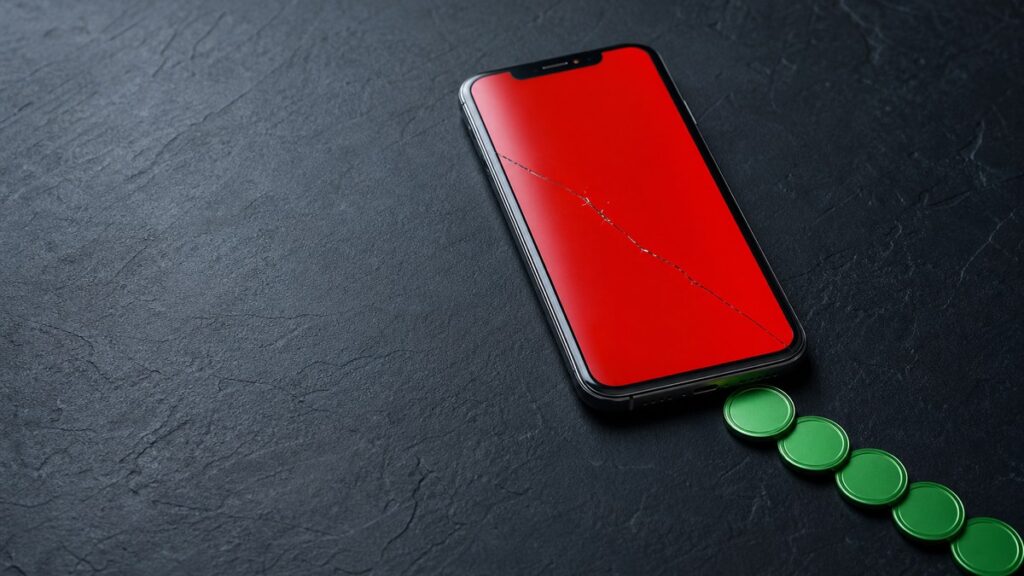 Ein Smartphone mit rot leuchtendem, gesprungenem Bildschirm liegt auf dunklem Schiefer, aus seiner Unterkante gleitet eine Reihe grüner Münzen davon.