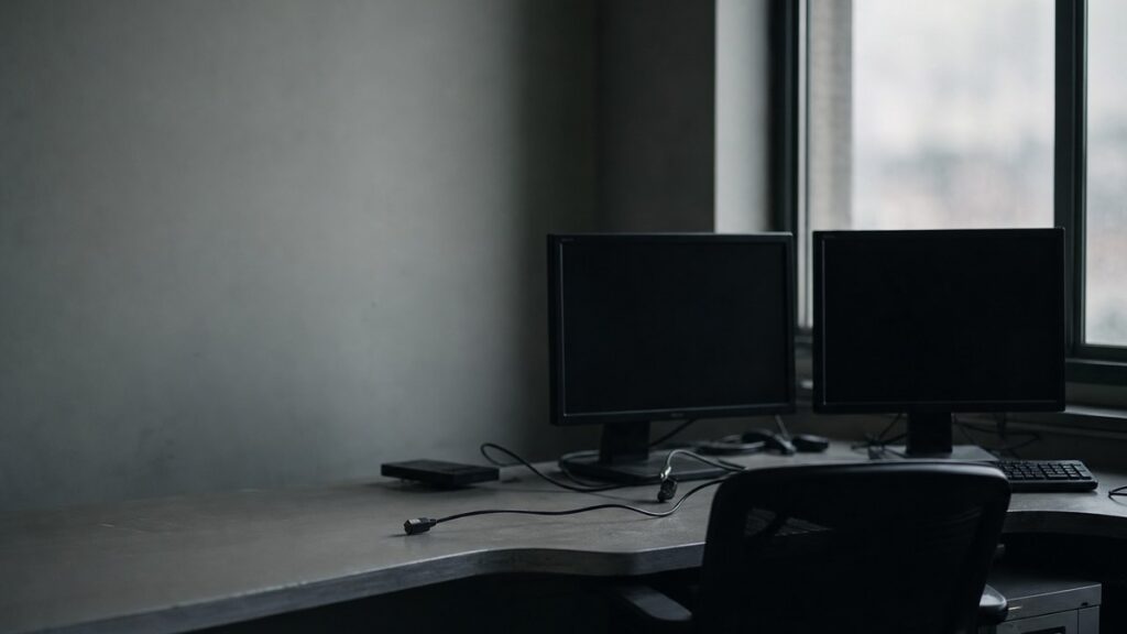 Verlassener Arbeitsplatz mit zwei ausgeschalteten Monitoren, gezogenem Kabel und leerem Stuhl
