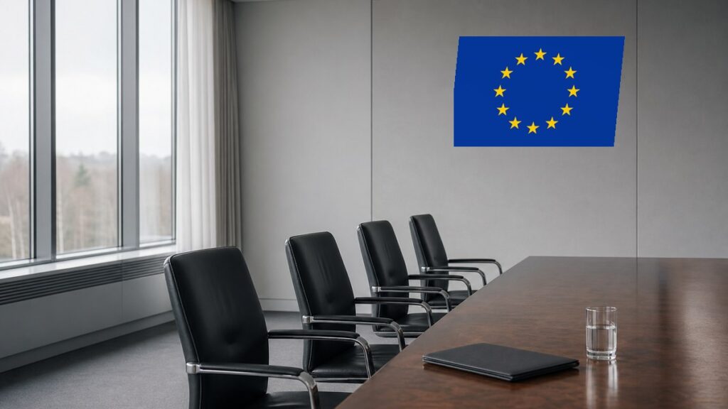 Leerer Sitzungssaal einer Bank mit langem Holztisch, vier einzeln stehenden Lederstühlen und einer Europaflagge an der hellen Wand.