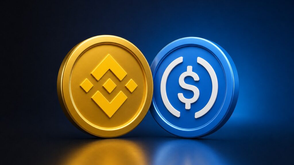 Zwei gleich große glänzende Münzen lehnen aneinander: links eine goldene mit dem Binance-Zeichen, rechts eine blaue mit dem USDC-Zeichen, vor dunkelblauem Hintergrund.