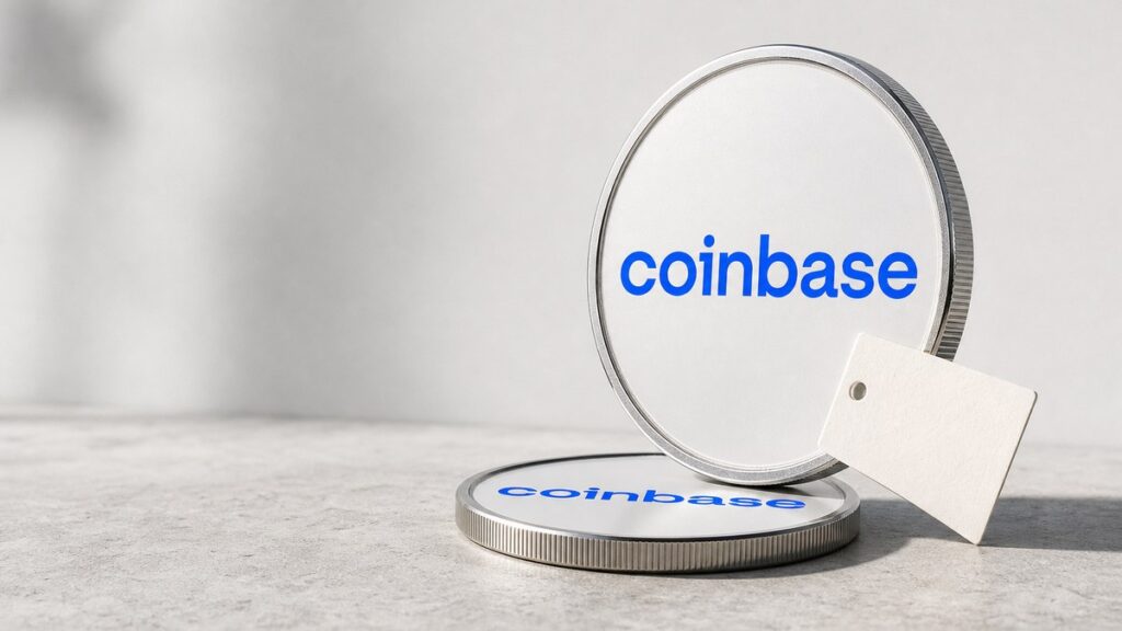 Eine aufrecht stehende Münze mit dem blauen Coinbase-Schriftzug auf hellem Stein, davor liegt eine zweite gleiche Münze, an der ein leeres Preisschild aus Karton lehnt.