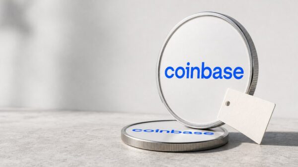 Eine aufrecht stehende Münze mit dem blauen Coinbase-Schriftzug auf hellem Stein, davor liegt eine zweite gleiche Münze, an der ein leeres Preisschild aus Karton lehnt.