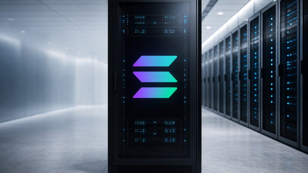 Ein einzelner schwarzer Serverschrank mit leuchtendem Solana-Zeichen auf der Glastür steht in einem hellen, leeren Rechenzentrum, rechts eine Reihe weiterer Schränke mit blauen Statuslichtern.