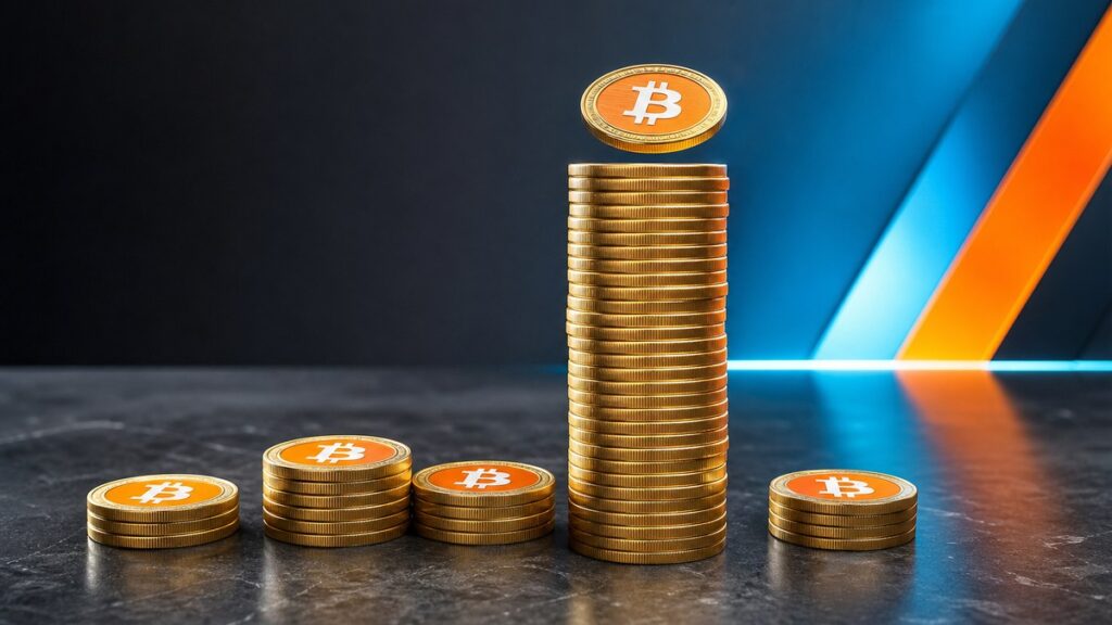 Ein hoher Stapel goldener Bitcoin-Münzen überragt vier niedrigere Stapel auf einer dunklen Steinfläche, eine weitere Münze landet gerade obenauf.