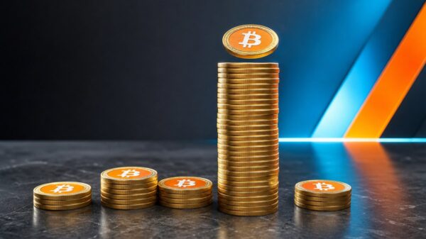 Ein hoher Stapel goldener Bitcoin-Münzen überragt vier niedrigere Stapel auf einer dunklen Steinfläche, eine weitere Münze landet gerade obenauf.