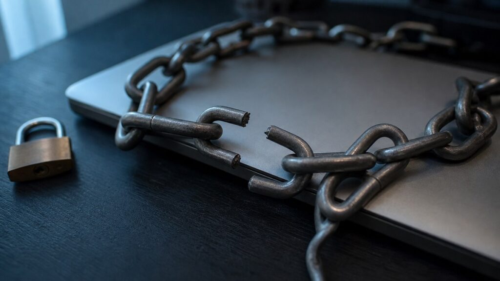 Stahlkette mit einem aufgebrochenen Glied auf einem geschlossenen Laptop, daneben ein Vorhängeschloss