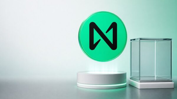 Eine mintgrüne Münze mit dem schwarzen NEAR-Zeichen schwebt über einem weißen Sockel, daneben steht eine leere Glasvitrine.