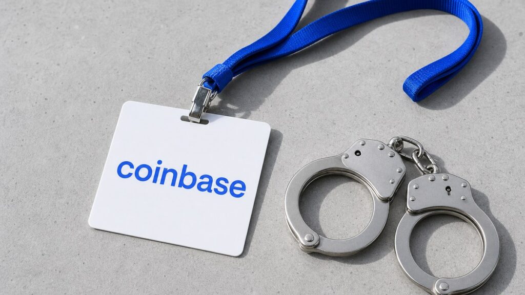 Ein weißer Mitarbeiterausweis mit der blauen Coinbase-Wortmarke an einem blauen Band liegt auf grauem Beton neben geschlossenen Handschellen aus Stahl.