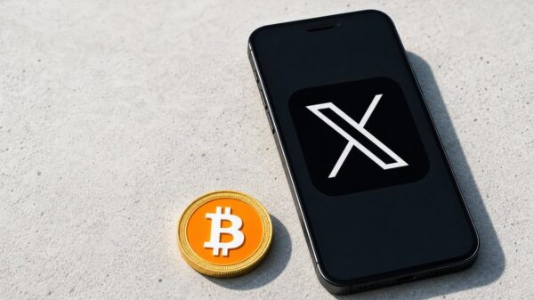 Ein Smartphone mit dem X-Zeichen auf dem Bildschirm liegt auf einer hellen Betonfläche, daneben eine goldene Bitcoin-Münze.