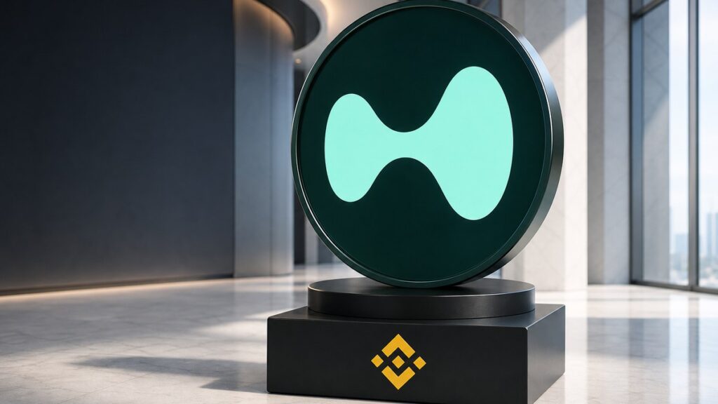Eine große Münze mit dem mintgrünen Hyperliquid-Zeichen auf dunkelgrünem Grund steht auf einem schwarzen Sockel mit dem Binance-Logo in einer hellen Halle.