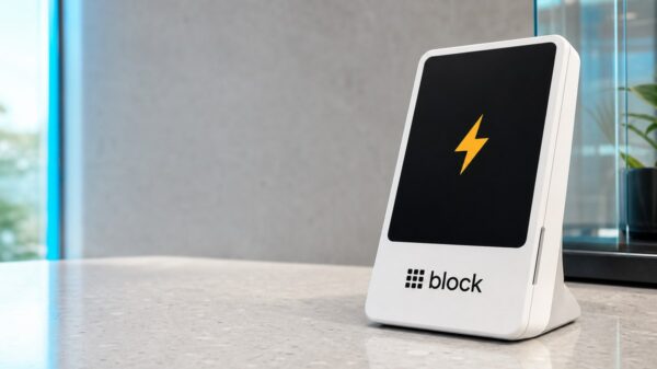 Ein weißes Kartenlesegerät mit dem Block-Schriftzug steht auf einem hellen Tresen, auf seinem dunklen Display leuchtet ein gelber Blitz.