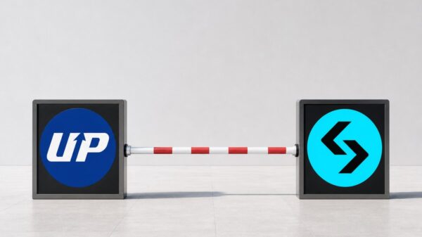 Zwei gleich große Schilder auf hellem Steinboden, links das blaue Upbit-Zeichen, rechts das cyanfarbene Bitget-Zeichen, dazwischen eine heruntergelassene rot-weiße Schranke.
