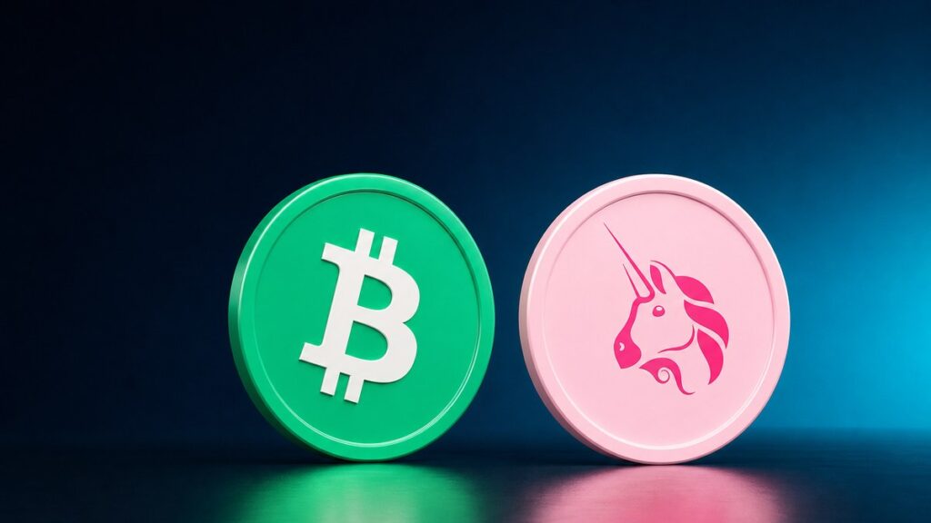 Zwei gleich große Münzen stehen nebeneinander: links eine grüne mit dem Bitcoin-Cash-Zeichen, rechts eine hellrosa mit dem Uniswap-Einhorn.